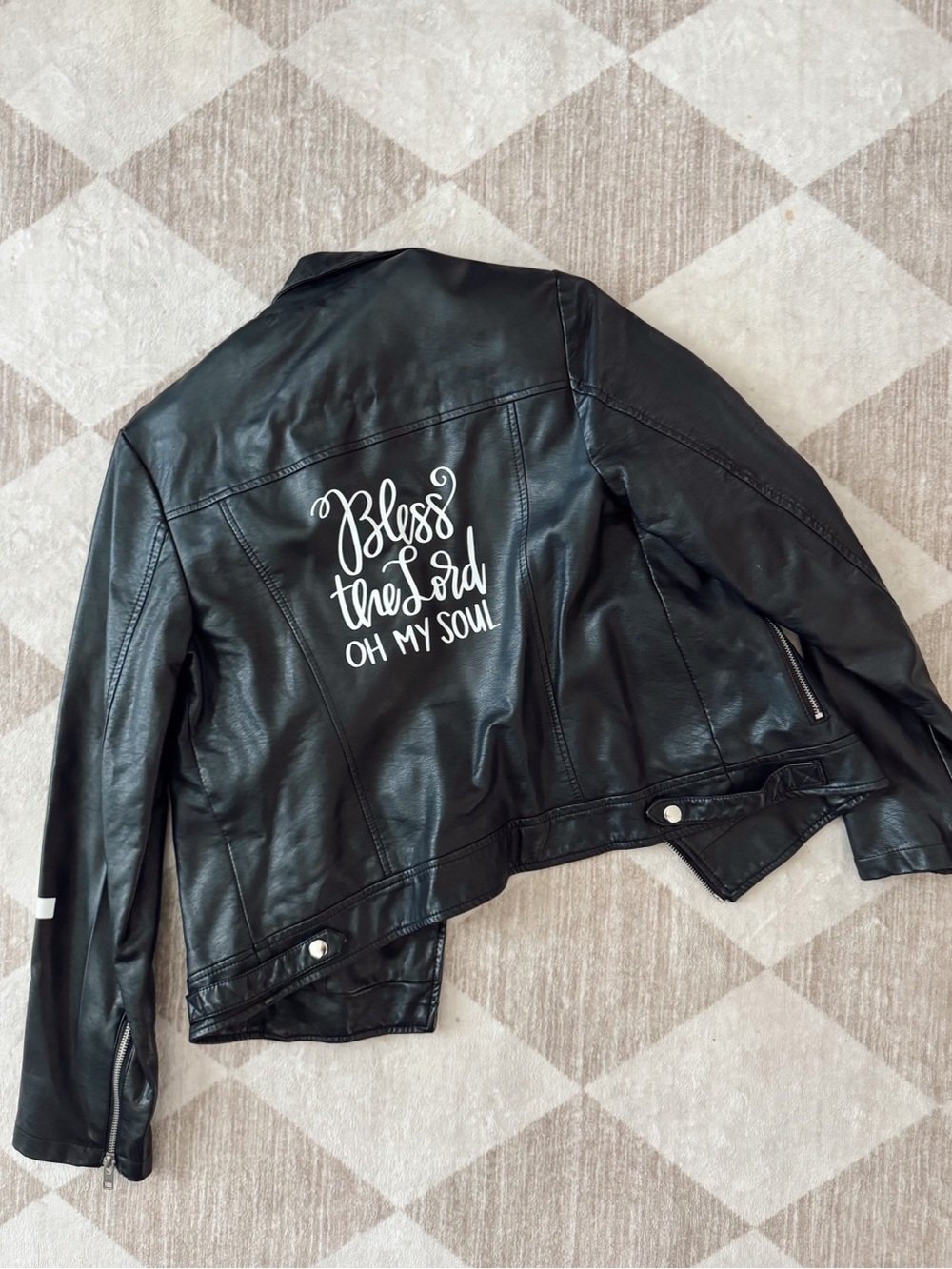 Black Vegan Leather Jacket with White Script Back - Women